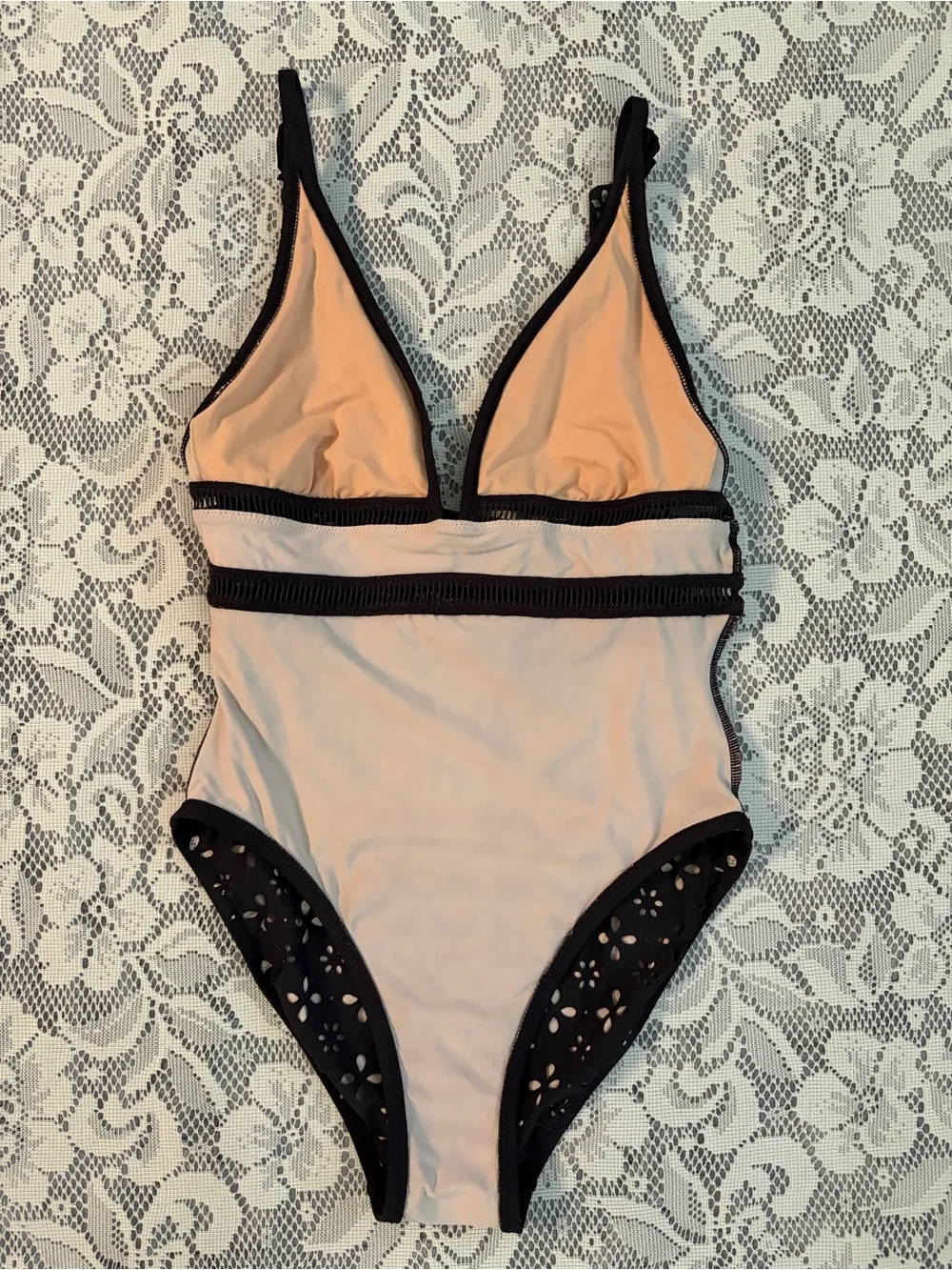 J. Crew Scalloped Ruffle Plunging One-piece Swimsuit in Laser-cut Eyelet Sz 12